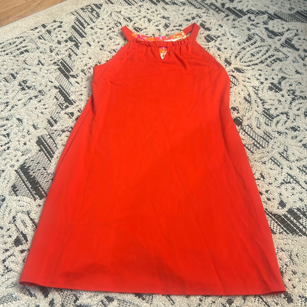 Jude Connally Bright Red Sleeveless Mini Dress with Ruffled Neckline
